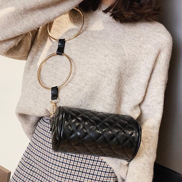 

designer women's bags metal round ring ling grid pu leather baguette cylinder package clutch female messenger bags handbag