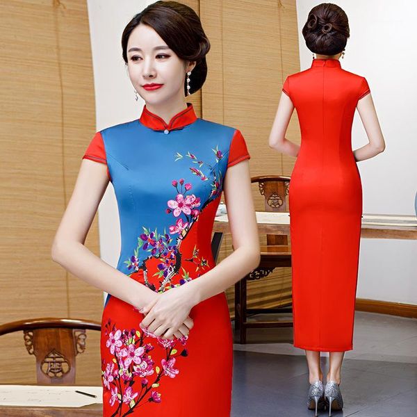 

ethnic clothing cheongsam qipao women's artificial silk ladies long elegant vintage bodycon clothing1, Red