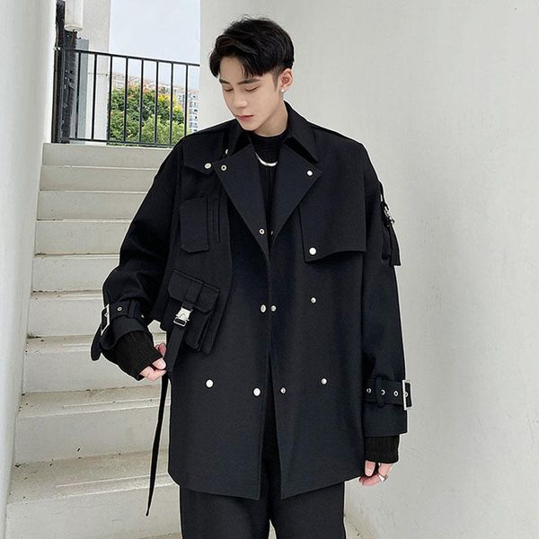 

men's trench coats male japan korea style windbreaker jacket overcoat men double breasted belt streetwear cargo coat outerwear, Tan;black