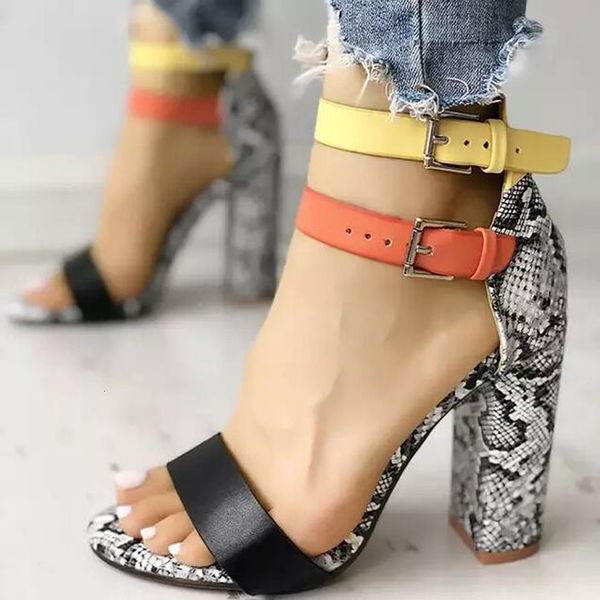

2021 new high heels summer snake camouflage sandals women pumps 10cm 35- 43 plus size shoes kqya, Black