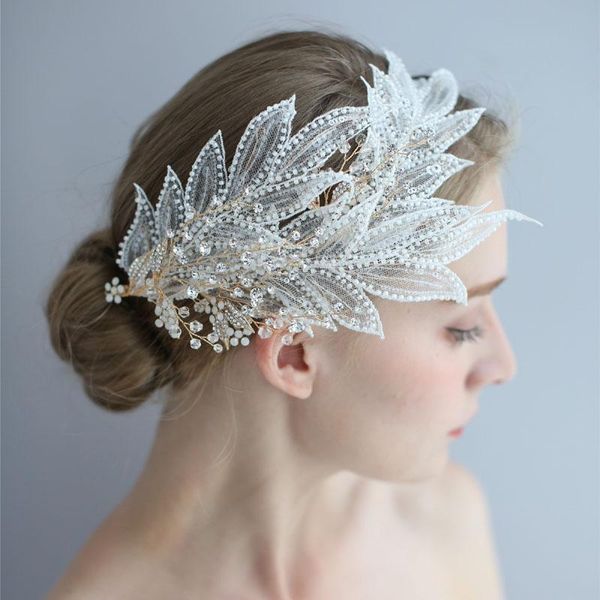 

slbridal handmade gold rhinestones crystal pearls lace flower wedding tiara headband bridal hair accessories women jewelry, Golden;silver