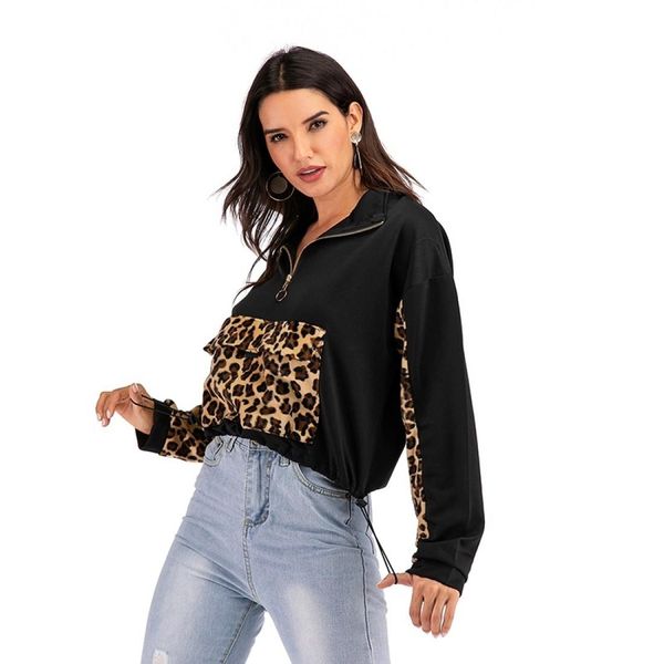 

stitching leopard print long-sleeved casual sweatershirt, Black
