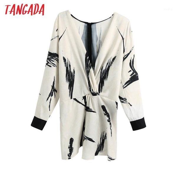 

tangada women v neck ink flowers print bow shirts lady shirts back zippper chic blusas be2191, White