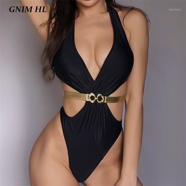 

gnim one piece bikini swimsuit women 2020 deep v neck black swimwear with belt summer backless bandage bathing suit women1, White;black
