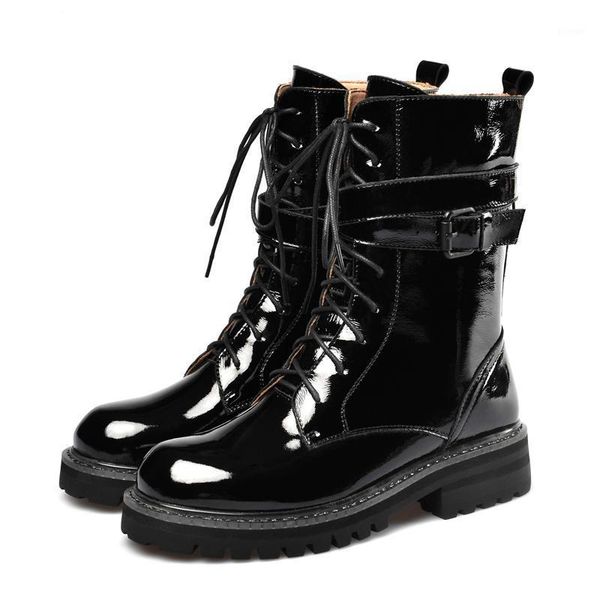 

boots winter shoes women's motorcycle genuine leather keep warm lace up buckle handsome punk mid-calf boots1, Black