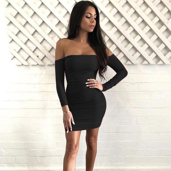 

womens word shoulder long sleeve bag hip strapless bodycon dress autumn winter dresses evening club vestidos dropshipping, Black;gray