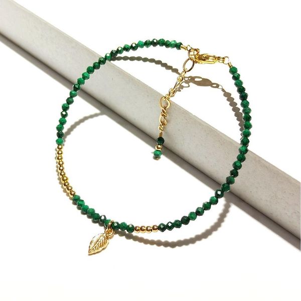 

lii ji 2mm green malachite sparkling beads with 925 sterling silver leaf charm bracelet american 14k gold filled bracelet 17+3cm 1028, Black