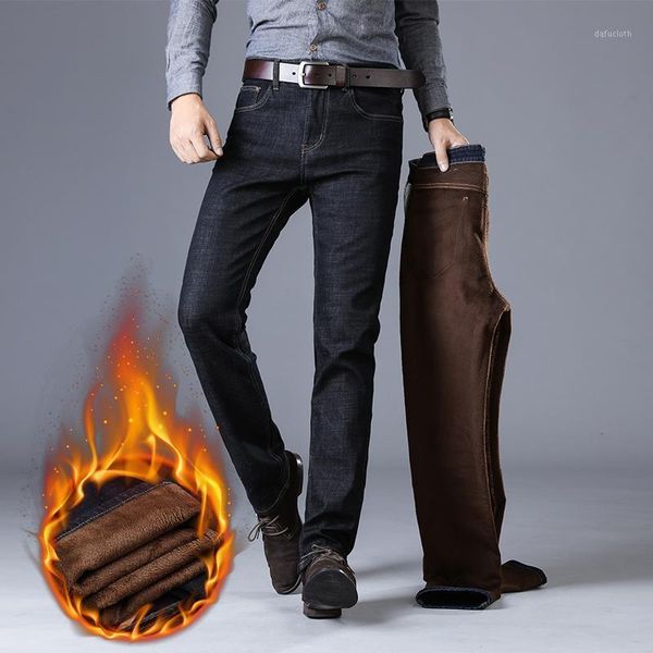 

nigrity winter thermal warm men fleece casual straight jeans stretch thick denim flannel soft pants trousers classic plus size1, Blue