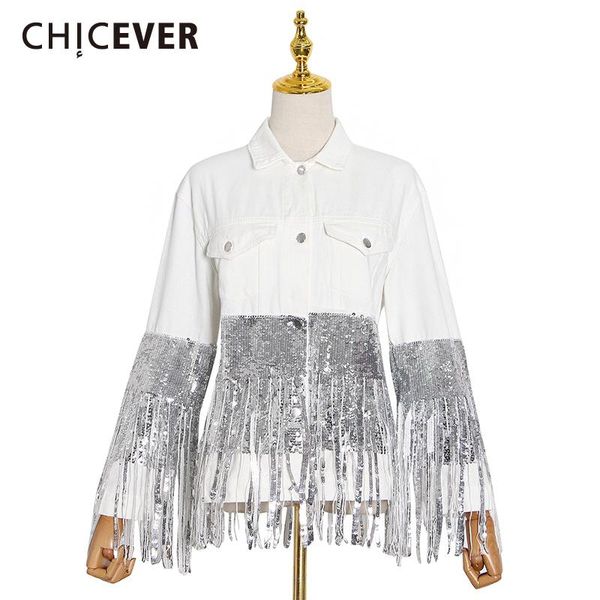 

women's jackets chicever korean heavy patchwork sequin tassel lapel collar long sleeve oversize denim coat female 2021 fashion, Black;brown