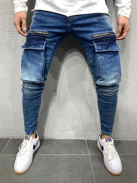 

men stretchy multi-pocket skinny jeans men pocket zipper pencil pants 2020 fashion jeans casual trousers hip hop sweatpants, Blue