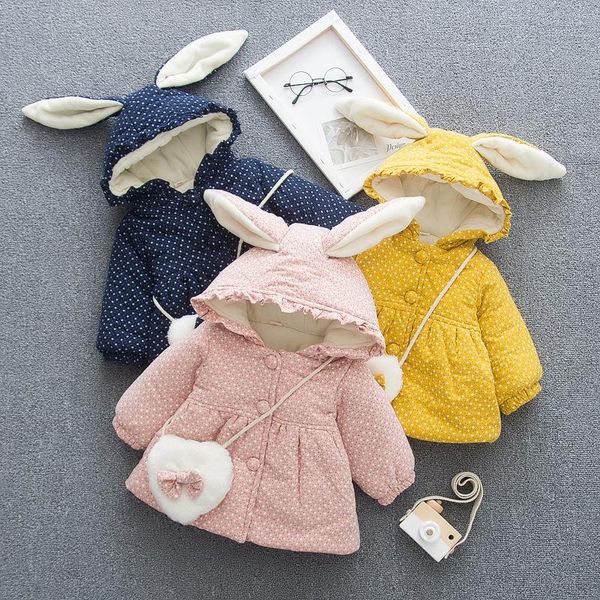 

children's jacket 2020 autumn and winter new girls coat polka dot cartoon ears hooded jacket, Blue;gray
