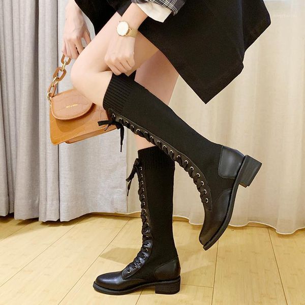 

boots fashion women cross strap autumn winter knee high stretch fabric thigh woman shoes ladies botas mujer1, Black