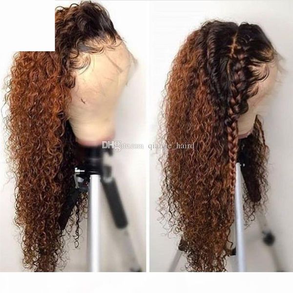 

ombre curly full lace wig blonde two tone color 1b# 30# brazilian full lace front human hair wigs kinky curly with baby hair, Black;brown