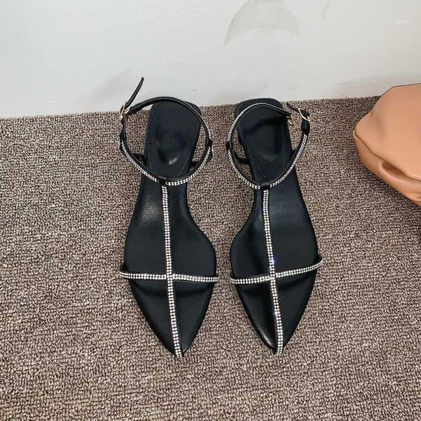 

women sandals pointed toe crystal rhinestone sandals thin low heels summer dress shoes elegant fashion pumps ladies fashion mule1, Black