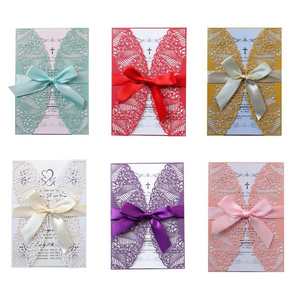

luxurious 10pcs hollow laser cut wedding invitations card elegant engagement wedding fashion greeting card with ribbon