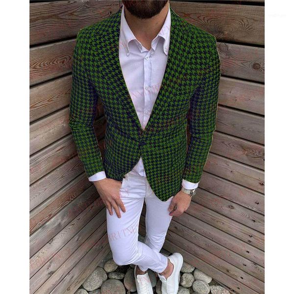 

designers fashion houndstooth suit men 2pcs tailored slim fit groom wedding suits tuxedo blazer for men green jacket white pants1, White;black