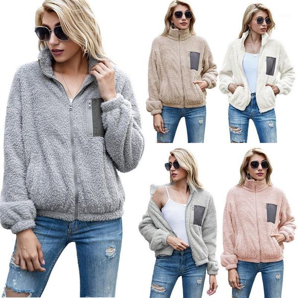 

women's jackets women's plush coat fall zipper velvet female loose long sleeve stand neck chest pocket warm winter clothes outwear, Black;brown