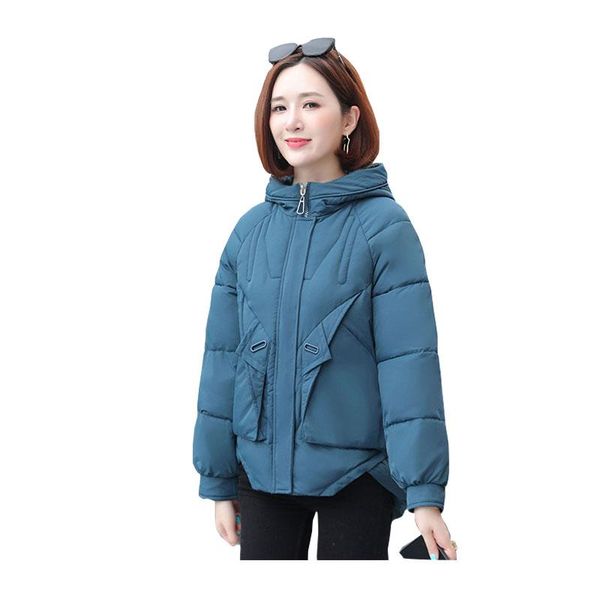 

women's short winter big pocket hooded windproof down jacket oversized cotton pad coat, Black