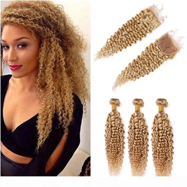 

#27 honey blonde kinky curly brazilian human hair 3bundles with closure light brown kinkys curly virgin hair lace closure 4x4 with weaves, Black;brown