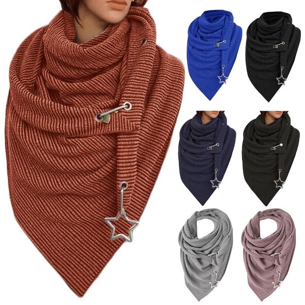 

scarves women winter thicken large scarf with button hook star pendant casual solid color ribbed triangle shawl wrap outdoor neck warmer, Blue;gray