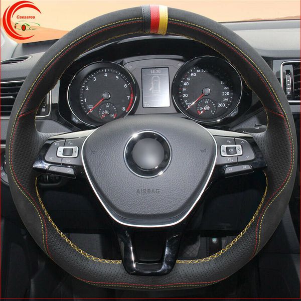 

hand-stitched black suede car steering wheel cover for volkswagen touareg 2018-
