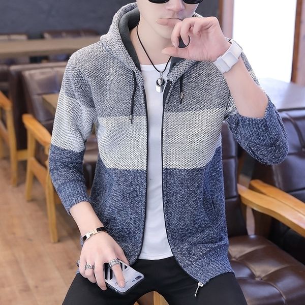 

men's hooded sweater youthful fashion multi-color cardigan with zipper double side pockets men's wool cloth can be worn outside 20, White;black