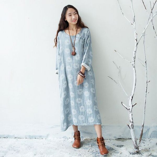 

spring autumn new fashion cotton linen robe women's loose large dress