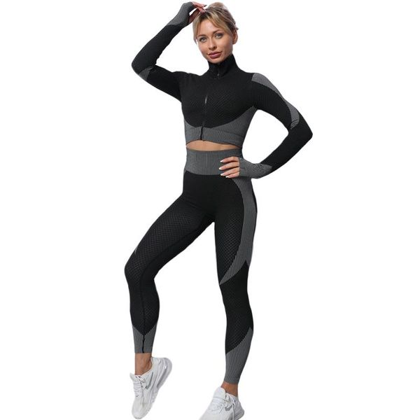 

yoga outfits women set gym clothing female sport fitness suit running clothes full sleeve zipper top, White;red