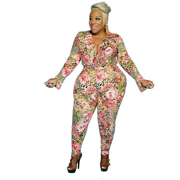 

womens flower plus size jumpsuits autumn winter 5xl lapel neck long sleeve one piece trousers woman oversize slim rompers