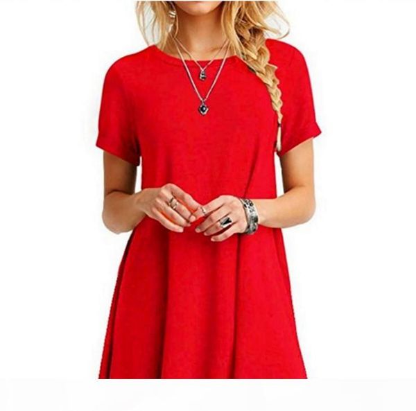 

women's summer short sleeve solid color loose o-neck cotton t-shirt dress ladies a-line mini ruffles beach dress s-5xl, Black;pink