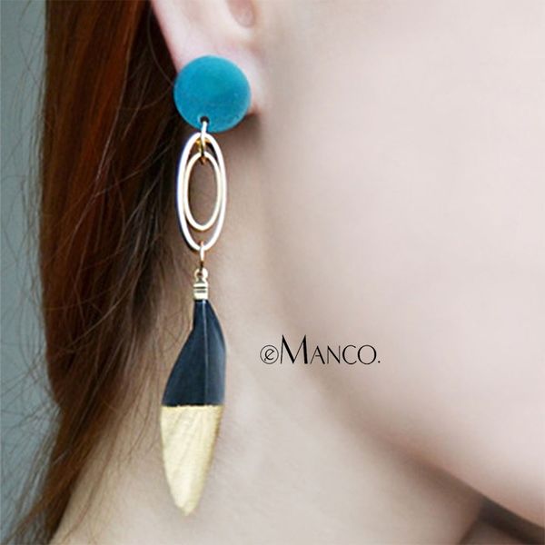 

emanco wholesale bohemia asymmetry drop earrings blue resin with metal bar-type earring &golden circle link feather earrings y200323