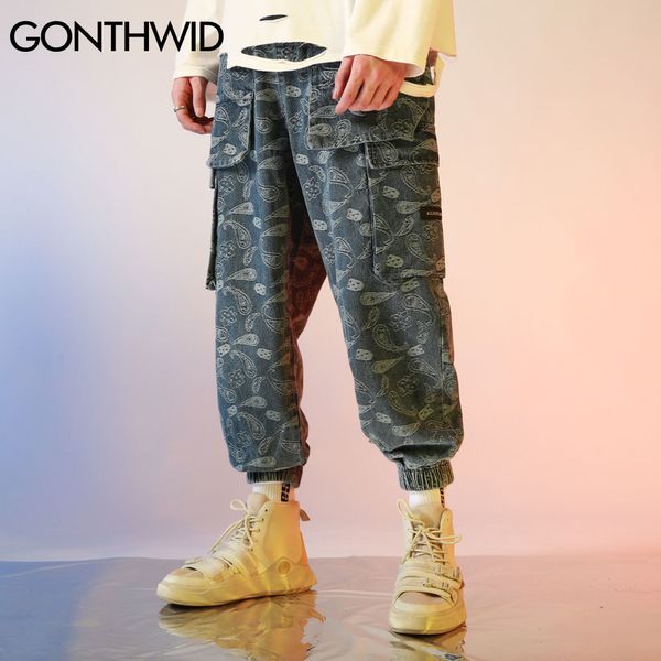 

gonthwid bandana paisley pattern print joggers harem cargo pants streetwear hip hop harajuku casual baggy trousers mens pants 201109, Black