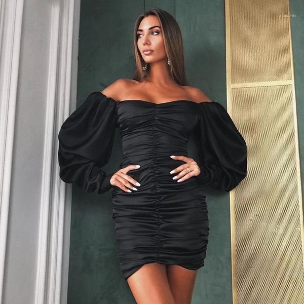 

khaesfir 2021 long puff sleeve slash neck satin pleated mini dress women autumn winter solid party elegant streetwear1, Black;gray