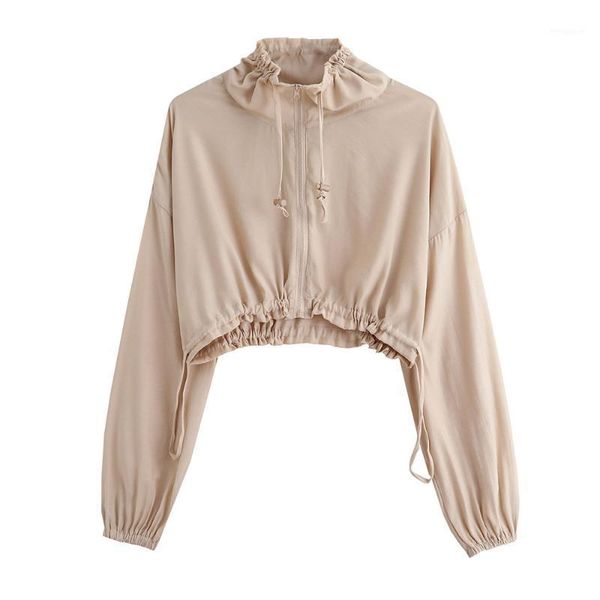 

europe and america 2020 women new fashion clothing khaki elastic waist zipper short hooded jacket1, Black;brown