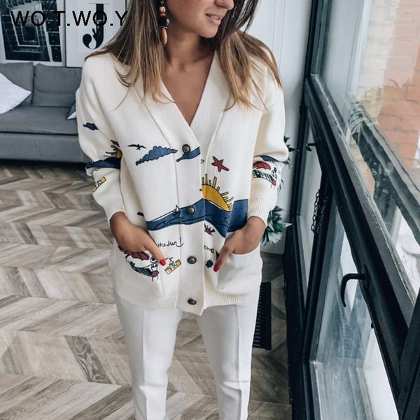

wotwoy autumn white cotton knitted women coat print v-neck belt pockets openswitch female jumpers casaul buttons women 201023, White;black