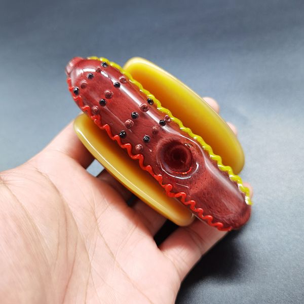 Acqua divertente Hotdog Hand Pipe Bong 4.0 pollici Strumento per fumatori di alta qualità Colore giallo rosso Hot Dog Forma Tabacco Erba secca Bruciatore a olio Tubi Cucchiaio