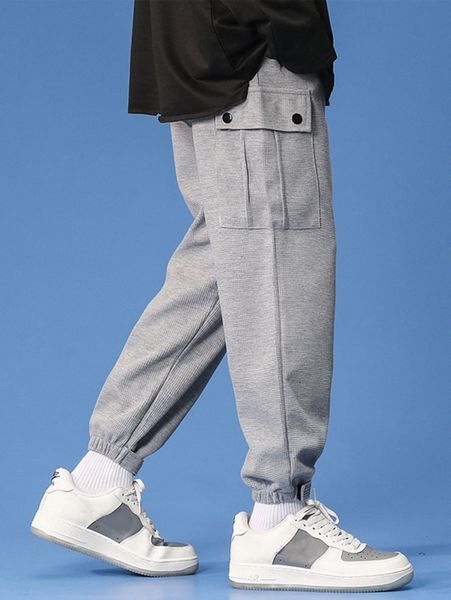 

men flap pocket side drawstring waist sweatpants i7p4#, Black