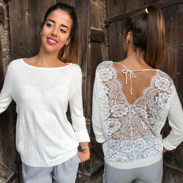 

blouse women white lace blouses women backless o neck lace long sleeve sweatshirt pullover blouse shirt blusas femininas 7