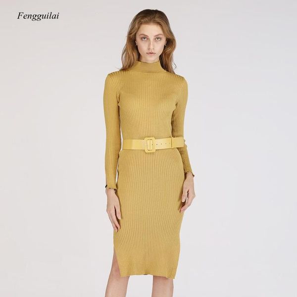 

new solid color half high collar split stretch slim knit long sleeve dress for women, Black;gray