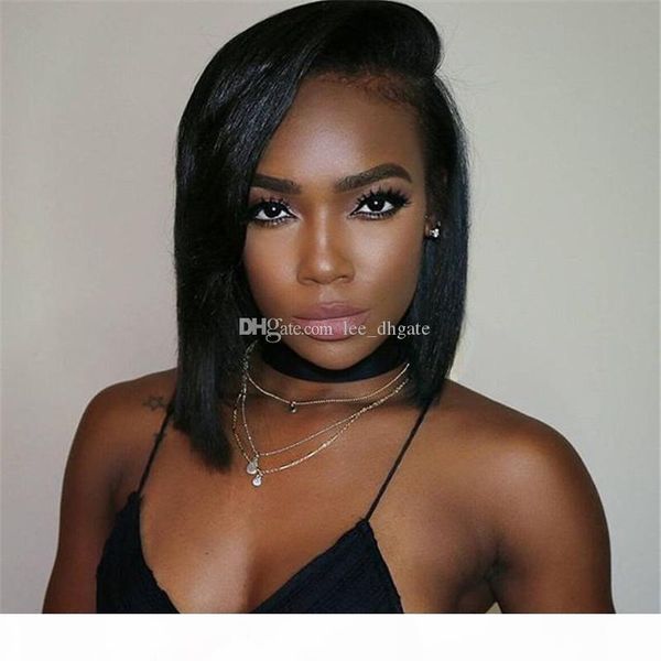 

ace front human hair wigs for black women pre plucked brazilian remy hair straight short bob wigs with baby hair, Black;brown