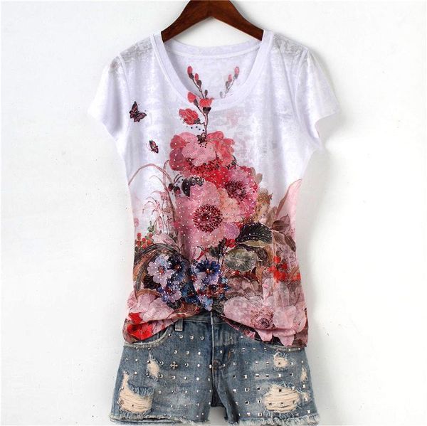 

fashion drilling floral double print slim t shirt women 2020 new arrival o-neck short sleeve plus size -5xl1, White