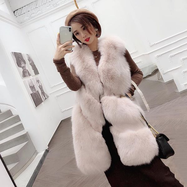 

long women clothes real coat winter warm fur vest korean vintage pink waistcoat jacket chalecos para mujer zl7031, Black
