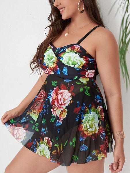 

plus floral swim dress & high waisted bikini panty 20hv#, Black