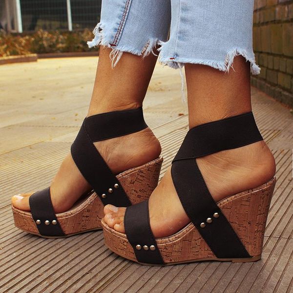 

women sandals 2021 platform sandals wedges shoes for women heels sandalias mujer summer shoes leather wedge heels 43, Black
