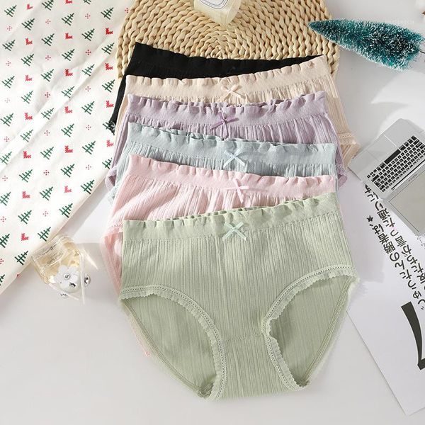 

comfortable panties woman lace briefs fashion solid color knickers girls mid waist seamless bow underpants underwear1, Black;pink