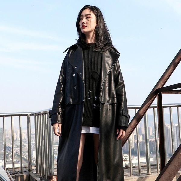 

120cm super long detachable pu leather jackets female over the knee locomotive style oversized windproof leather jackets f5351, Black