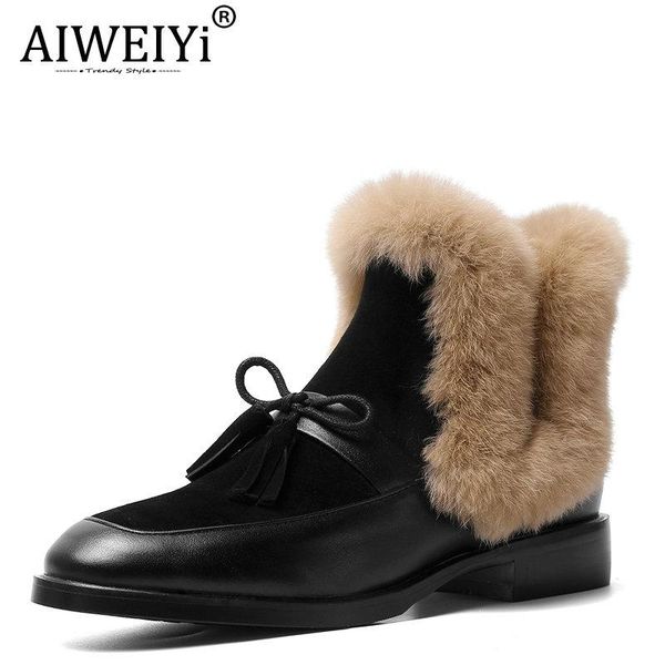 

aiweiyi женщина bootskle boots черная коричневая натуральная кожа женщина ботинки мех скольжения на коротких сапогах, Black