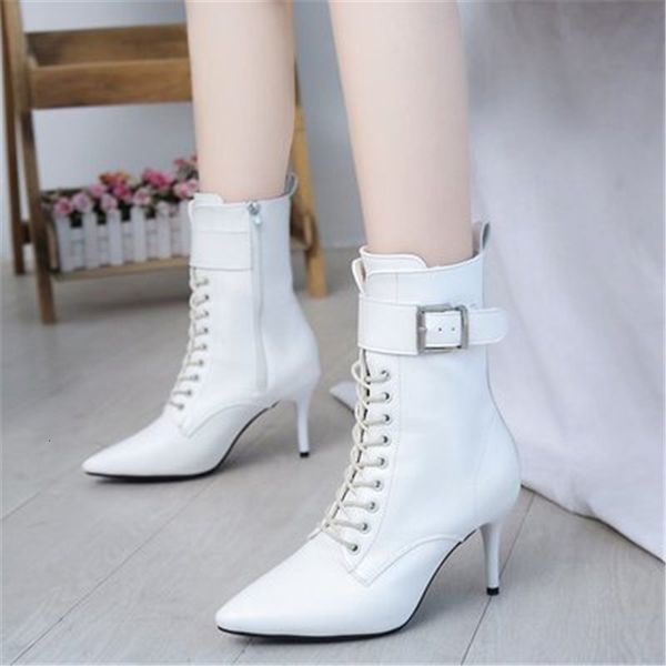 

new female 2021 fashion high-heeled buckle pointed toe lace up to ladies leather shoes autumn boots black xsap