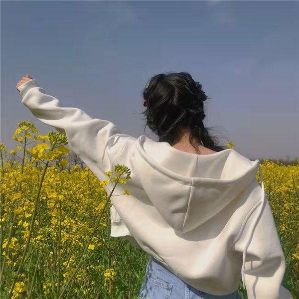 

zip up autumn winter women's hoodies pockets slim crop women jacket female clothes drawstring white hoody cotton coats, Black