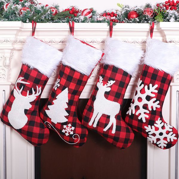 

fabric red and black plaid christmas socks plush cartoon cute christmas socks gift bag christmas ornaments decorations dropshipping f5801